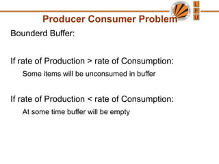 Producer Consumer Problem
Bounderd Buffer:
If rate of Production > rate of Consumption:
Some items will be unconsumed in buffer
If rate of Production < rate of Consumption:
At some time buffer will be empty
 