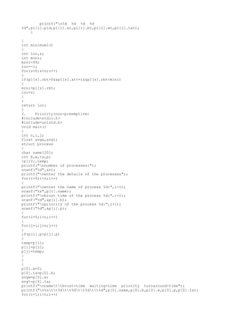 printf("n%d %d %d %d
%d",p1[i].pid,p1[i].at,p1[i].bt,p1[i].wt,p1[i].tat);
}
}
int minimum1()
{
int loc,z;
int mini;
mini=99;
loc=-1;
for(z=0;z<n;z++)
{
if(p1[z].rbt>0&&p1[z].at<=i&&p1[z].rbt<mini)
{
mini=p1[z].rbt;
loc=z;
}
}
return loc;
}
3. Priority(non-preemptive)
#include<stdio.h>
#include<unistd.h>
void main()
{
int n,i,j;
float avgw,avgt;
struct process
{
char name[20];
int b,w,ta,p;
}p[10],temp;
printf("nnumber of processes:");
scanf("%d",&n);
printf("nenter the details of the processes");
for(i=0;i<n;i++)
{
printf("nenter the name of process %d:",i+1);
scanf("%s",p[i].name);
printf("nbrust time of the process %d:",i+1);
scanf("%d",&p[i].b);
printf("npriority of the process %d:",i+1);
scanf("%d",&p[i].p);
}
for(i=0;i<n;i++)
{
for(j=i;j<n;j++)
{
if(p[i].p>p[j].p)
{
temp=p[i];
p[i]=p[j];
p[j]=temp;
}
}
}
p[0].w=0;
p[0].ta=p[0].b;
avgw=p[0].w;
avgt=p[0].ta;
printf("nnamettbrust-time waiting-time priority turnaround-time");
printf("n%stt%dtt%dtt%dtt%d",p[0].name,p[0].b,p[0].w,p[0].p,p[0].ta);
for(i=1;i<n;i++)
 