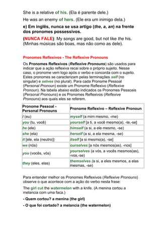 She is a relative of his. (Ela é parente dele.)
He was an enemy of hers. (Ele era um inimigo dela.)
e) Em inglês, nunca se usa artigo (the, a, an) na frente
dos pronomes possessivos.
(NUNCA FALE): My songs are good, but not like the his.
(Minhas músicas são boas, mas não como as dele).


Pronomes Reflexivos - The Reflexive Pronouns
Os Pronomes Reflexivos (Reflexive Pronouns) são usados para
indicar que a ação reflexiva recai sobre o próprio sujeito. Nesse
caso, o pronome vem logo após o verbo e concorda com o sujeito.
Estes pronomes se caracterizam pelas terminações self (no
singular) e selves (no plural). Para cada Pronome Pessoal
(Personal Pronoun) existe um Pronome Reflexivo (Reflexive
Pronoun). Na tabela abaixo estão indicados os Pronomes Pessoais
(Personal Pronouns) e os Pronomes Reflexivos (Reflexive
Pronouns) aos quais eles se referem.
Pronome Pessoal -
                           Pronome Reflexivo – Reflexive Pronoun
Personal Pronouns
I (eu)                     myself (a mim mesmo, -me)
you (tu, você)             yourself [a ti, a você mesmo(a), -te,-se]
he (ele)                   himself (a si, a ele mesmo, -se)
she (ela)                  herself (a si, a ela mesma, -se)
it [ele, ela (neutro)]     itself [a si mesmo(a), -se]
we (nós)                   ourselves [a nós mesmos(as), -nos]
                           yourselves (a vós, a vocês mesmos(as),
you (vocês, vós)
                           -vos,-se)
                           themselves (a si, a eles mesmos, a elas
they (eles, elas)
                           mesmas, -se)


Para entender melhor os Pronomes Reflexivos (Reflexive Pronouns)
observe o que acontece com a ação do verbo nesta frase:
The girl cut the watermelon with a knife. (A menina cortou a
melancia com uma faca.)
- Quem cortou? a menina (the girl)
- O que foi cortado? a melancia (the watermelon)
 
