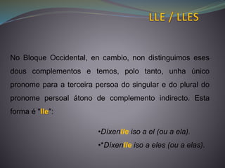 No Bloque Occidental, en cambio, non distinguimos eses
dous complementos e temos, polo tanto, unha único
pronome para a terceira persoa do singular e do plural do
pronome persoal átono de complemento indirecto. Esta
forma é "lle":
•Díxenlle iso a el (ou a ela).
•*Díxenlle iso a eles (ou a elas).
 