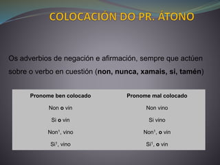 Pronome ben colocado Pronome mal colocado
Non o vin Non vino
Si o vin Si vino
Non1, vino Non1, o vin
Si1, vino Si1, o vin
Os adverbios de negación e afirmación, sempre que actúen
sobre o verbo en cuestión (non, nunca, xamais, si, tamén)
 