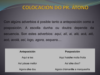 Anteposición Posposición
Aquí o tes Aquí haiche moita froita
Así pásao mellor Así cho dixo?
Agora cho dou Agora chámanlle a marquesiña
Con algúns adverbios é posible tanto a anteposición como a
posposición. A escolla dunha ou doutra depende da
secuencia. Son estes adverbios: aquí, alí, ai, alá, acá, aló,
acó, acolá, así, logo, agora, sequera....
 