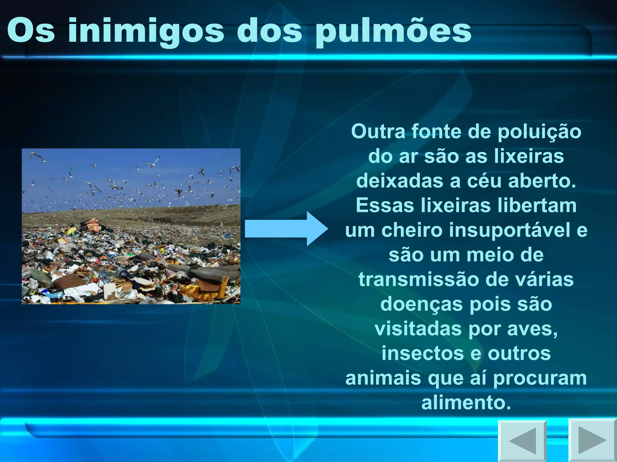 Os inimigos dos pulmões Outra fonte de poluição do ar são as lixeiras deixadas a céu aberto. Essas lixeiras libertam um cheiro insuportável e são um meio de transmissão de várias doenças pois são visitadas por aves, insectos e outros animais que aí procuram alimento. 