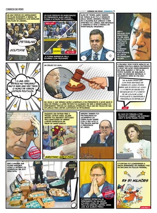Um ano depois do impeachment
de Dilma RousSefF o Brasil se
deparou novamente com batalhas
políticas na Câmara...
GOLPISTA!
petralha!
os dois pedidos de investigação
do presidente, algo inédito,
foram a votação em plenário....
...e foram barRados pelo
governo com facilidade.
263 x 227
251 x 233
Mas a
delação dos
executivos
da JBS ainda
teria outros
capítulos.
Joesley e
Ricardo
Saud
acabaram
presos
por suspeita
de omitir
informações
ao MPF.
A Lava Jato
entrou no terceiro
ano e mais uma vez tirou
o sono de vários
outros políticos.
além de temer, quem também
SE TORNOU alvo foi o senador
aécio neves. gravado pedindo
R$ 2 milhões, ele chegou a ser
afastado do cargo, mas retomou
o mandato e teve o pedido de
investigação arquivado.
Um deles foi Lula...
EM JULHO O juiz Sergio Moro condenou o ex-presidente a nove anos e
meio de prisão. O líder petista foi acusado de ser o beneficiário do
apartamento triplex no Guarujá, oferecido pela OAS em troca de sua
influência para obter contratos na Petrobras.
o dinheiro estava em um
apartamento em salvador
utilizado como um bunker
pelo ex-ministro GedDel Vieira
Lima. ele acabou preso.
R$ 51 milhões
a fortuna foi considerada a
maior apreEnsão de dinheiro vivo
da história da Polícia federal.
mas a imagem que
ficará marcada
como o retrato da
corRupção em 2017
será esta:
a decisão teve forte impacto no
cenário político, gerou protestos
e deve ter novo desDobramento
em 2018, quando o TRF-4, em
porto alegre, vai analisar o
caso em segunda instância. O
JULGAMENTO SERÁ NO DIA 24/1.
lula
“Se alguém pensa que
com esSa sentença me
tiraram do jogo, podem
saber que eu estou no jogo.
(...) a partir de agora vou
reivindicar do PT o direito
de me colocar como
postulante à candidatura à
Presidência da República”.
CONTINUA >>
antes disSo, ainda no início do
ano, quem também recebeu
condenação no âmbito da Lava
jato foi eduardo cunha.
15 ANOS
POLÍTICO
PRESO
NO OLHO DO FURACÃO, A PGR
TROCOU DE COMANDO. SAI rodrigo
JANOT E ENTRA RAQUEL DODGE.
ENQUANTO UNS ENTRAM PARA A
PRISÃO, OUTROS SAEM. GILMAR
MENDES FOI BASTANTE CRITICADO
PELA QUANTIDADE DE HABEAS
CORPUS EXPEDIDOS EM
FAVOR DE INVESTIGADOS.
AGUARDA
JULGAMENTO
POLÍTICO
PRESO
mendes também foi
protagonista no
julgamento da
chapa dilma-temer.
com o seu voto o
tse decidiu manter
O PRESIDENTE
NO CARGO.
garotinho que o diga!
31/12/2017 | CORREIO DO POVO +DOMINGO | 7
 