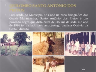  QUILOMBO SANTO ANTÔNIO DOS
PRETOS
 Localizado no Município de Codó na zona fisiografica dos
Cocais Maranhenses, Santo Antônio dos Pretos é um
povoado negro que dista cerca de 60k ms da sede. No ano
de 1944 foi visitado pelo antropólogo paulista Octávio da
Costa Eduardo.
Cleia
 