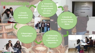 Escola Secundária da Sertã: Marlene Silva, Nélia Nunes, Paula
Elias (alunos) 11º C Ilda Bicacro (professora)
3.Sessão de
esclarecimento
na GAL Pinhal
Maior
2 . Conversas
informais com
os agricultores
em vários
“Quintais…”1.Estudo
exploratório
da temática
4. Elaboração,
aplicação e
tratamento de
inquéritos
5.Reportagens
fotográficas
 