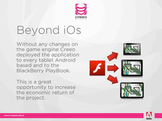 Beyond iOs
Without any changes on
the game engine Creeo
deployed the application
to every tablet Android
based and to the
BlackBerry PlayBook.

This is a great
opportunity to increase
the economic return of
the project.
 