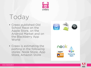 Today
• Creeo published Old
 School Race on the
 Apple Store, on the
 Android Market and on
 the Blackberry App
 World

• Creeo is estimating the
 porting in the following
 stores: Nook Store, App
 Store, Amazon Store
 
