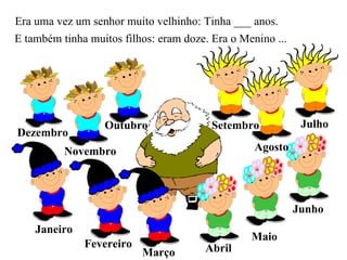Era uma vez um senhor muito velhinho: Tinha ___ anos. E também tinha muitos filhos: eram doze. Era o Menino ... Janeiro Fevereiro Março Abril Maio Junho Julho Agosto Setembro Outubro Novembro Dezembro 