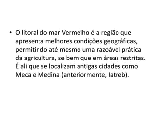 • O litoral do mar Vermelho é a região que
  apresenta melhores condições geográficas,
  permitindo até mesmo uma razoável prática
  da agricultura, se bem que em áreas restritas.
  É ali que se localizam antigas cidades como
  Meca e Medina (anteriormente, Iatreb).
 