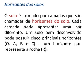 Horizontes dos solos

O solo é formado por camadas que são
chamadas de horizontes do solo. Cada
camada pode apresentar uma cor
diferente. Um solo bem desenvolvido
pode possuir cinco principais horizontes
(O, A, B e C) e um horizonte que
representa a rocha (R).
 