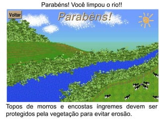 Parabéns! Você limpou o rio!!




Topos de morros e encostas íngremes devem ser
protegidos pela vegetação para evitar erosão.
 