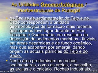 As Unidades Geomorfológicas /
morfoestruturais de Portugal

• As Bacias de sedimentação do Tejo e do

Sado correspondem à unidade
geomorfológica de formação mais recente,
pois apenas teve lugar durante as Eras
Terciária e Quaternária, em resultado da
deposição de sedimentos marinhos - fluviais,
em áreas deprimidas e de fundo oceânico,
mas que acabaram por emergir, dando
origem às actuais planícies do Tejo e do
Sado.
• Nesta área predominam as rochas
sedimentares, como as areias, o cascalho,
as argilas e o calcário. Rochas Industriais. 2012

© VICTOR VEIGA

 