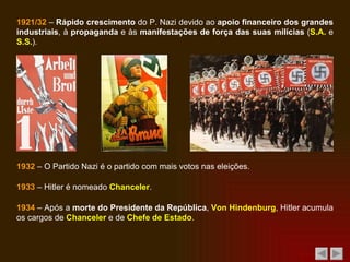 1921/32  –  Rápido crescimento  do P. Nazi devido ao  apoio financeiro dos grandes industriais , à  propaganda  e às  manifestações de força das suas milícias  ( S.A.  e  S.S. ). 1932  – O Partido Nazi é o partido com mais votos nas eleições. 1933  – Hitler é nomeado  Chanceler . 1934  – Após a  morte do Presidente da República ,  Von Hindenburg , Hitler acumula os cargos de  Chanceler  e de  Chefe de Estado . 