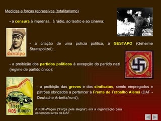 Medidas e forças repressivas (totalitarismo) A KDF-Wagen (“Força pela alegria”) era a organização para os tempos livres da DAF . - a  censura  à imprensa,  à rádio, ao teatro e ao cinema; - a criação de uma polícia política, a  GESTAPO  (Geheime Staatspolizei); - a proibição dos  partidos políticos  à excepção do partido nazi (regime de partido único); - a proibição das  greves  e dos  sindicatos , sendo empregados e patrões obrigados a pertencer à  Frente de Trabalho Alemã  (DAF -  Deutsche Arbeitsfront) ; 