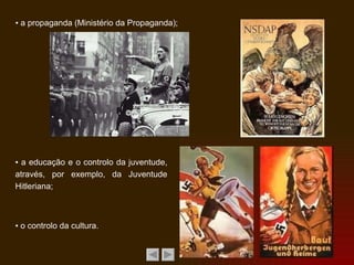 ▪  a propaganda (Ministério da Propaganda); ▪  a educação e o controlo da juventude, através, por exemplo, da Juventude Hitleriana; ▪  o controlo da cultura. 