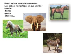 Os reis vinham montados em camelos.
Mas podiam vir montados em que animais?
-cavalos
-burros
-poneis
-elefantes...

 