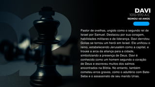 DAVI
1010-970 A.C
REINOU 40 ANOS
Pastor de ovelhas, ungido como o segundo rei de
Israel por Samuel. Destacou por sua coragem,
habilidades militares e de liderança. Davi derrotou
Golias se tornou um herói em Israel. Ele unificou o
reino, estabelecendo Jerusalém como a capital, e
trouxe a arca da aliança para a cidade,
simbolizando a presença de Deus. Davi é
conhecido como um homem segundo o coração
de Deus e escreveu muitos dos salmos
encontrados na Bíblia. No entanto, também
cometeu erros graves, como o adultério com Bate-
Seba e o assassinato de seu marido Urias.
 