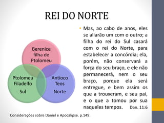 REI DO NORTE
• Mas, ao cabo de anos, eles
se aliarão um com o outro; a
filha do rei do Sul casará
com o rei do Norte, para
estabelecer a concórdia; ela,
porém, não conservará a
força do seu braço, e ele não
permanecerá, nem o seu
braço, porque ela será
entregue, e bem assim os
que a trouxeram, e seu pai,
e o que a tomou por sua
naqueles tempos. Dan. 11:6
Berenice
filha de
Ptolomeu
Antíoco
Teos
Norte
Ptolomeu
Filadelfo
Sul
Considerações sobre Daniel e Apocalipse. p.149.
 