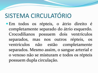 SISTEMA CIRCULATÓRIO
 Em todos os répteis, o átrio direito é
completamente separado do átrio esquerdo.
Crocodilianos possuem dois ventrículos
separados, mas nos outros répteis, os
ventrículos não estão completamente
separados. Mesmo assim, o sangue arterial e
o venoso não se misturam e todos os répteis
possuem dupla circulação.
 
