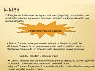 E. ETAR
 Estação de tratamento de águas residuais (esgotos), provenientes das
actividades urbanas, agrícolas e industriais, incluindo as águas lixiviantes dos
aterros sanitários.
O tratamento inclui 3 processos:
 Físicos: Trata-se de um processo de selecção e filtração de partículas.
Químicos: Trata-se de um processo onde são usados produtos químicos.
Biológicos: Trata-se de um processo onde são usados microorganismos.
Da ETAR resultam 2 produtos finais:
 Lamas: Materiais que são encaminhados para os aterros, ou para estações de
Incineração ou se tratadas podem servir como fertilizantes.
Águas Tratadas: Regressam à rede de distribuição, ou são utilizadas na agricultu
ou são lançadas aos rios e mares.
 