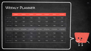 Weekly Planner
34
SUNDAY MONDAY TUESDAY WEDNESDAY THURSDAY FRIDAY SATURDAY
09:00 - 09:45 Task Task Task Task Task Task Task
10:00 - 10:45 Task Task Task Task Task Task Task
11:00 - 11:45 Task Task Task Task Task Task Task
12:00 - 13:15 ✔ Free time ✔ Free time ✔ Free time ✔ Free time ✔ Free time ✔ Free time ✔ Free time
13:30 - 14:15 Task Task Task Task Task Task Task
14:30 - 15:15 Task Task Task Task Task Task Task
15:30 - 16:15 Task Task Task Task Task Task Task
 