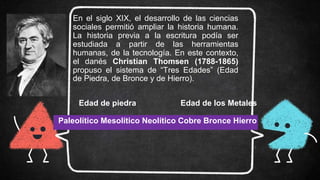 En el siglo XIX, el desarrollo de las ciencias
sociales permitió ampliar la historia humana.
La historia previa a la escritura podía ser
estudiada a partir de las herramientas
humanas, de la tecnología. En este contexto,
el danés Christian Thomsen (1788-1865)
propuso el sistema de “Tres Edades” (Edad
de Piedra, de Bronce y de Hierro).
Paleolítico Mesolítico Neolítico Cobre Bronce Hierro
Edad de piedra Edad de los Metales
 
