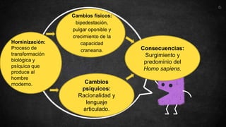 “
6
Cambios
psíquicos:
Racionalidad y
lenguaje
articulado.
Cambios físicos:
bipedestación,
pulgar oponible y
crecimiento de la
capacidad
craneana. Consecuencias:
Surgimiento y
predominio del
Homo sapiens.
Hominización:
Proceso de
transformación
biológica y
psíquica que
produce al
hombre
moderno.
 