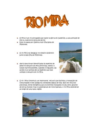 O Mira é um rio português que nasce na Serra do Caldeirão, a uma altitude de
470 m, e percorre cerca de 145 km
Este rio passa por Odmira e por Vila Nova de
Milfontes.




O rio Mira vai desaguar no oceano Atlântico
junto à bela Vila de Milfontes.




Até à data foram identificadas 91 espécies de
peixe no estuário do Mira,entre elas, temos: o
cavalo marinho,bodiões, cabozes e linguados. Os
sardos e as taínhas são as espécies que mais
utilizam o estuário do rio Mira.




O rio Mira constituiu um importante recurso que facilitou a instalação de
comunidades e lhes assegurou condições dignas de vida. Rico em recursos
piscícolas, fonte energética para os moinhos instalados no seu leito, garante
de terras fluviais ricas e sustentáculo de ricos habitats, o rio Mira estende-se
ao longo de uma vasta região.
 