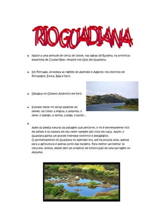 Nasce a uma altitude de cerca de 1700m, nas lagoas de Ruidera, na província
espanhola de Ciudad Real, renasce nos Ojos del Guadiana.



Em Portugal, atravessa as regiões do Alentejo e Algarve, nos distritos de
Portalegre, Évora, Beja e Faro.




Desagua no Oceano Atlântico em Faro.




Existem neste rio várias espécies de
peixes, tal como: a enguia, a lampreia, o
sável, o sabogo, a tainha, a boga, o barbo…



Além da beleza natural da paisagem que percorre, o rio é extremamente rico
em peixes e os campos em seu redor também são ricos em caça. Assim, o
Guadiana ganha um grande interesse histórico e pedagógico.
O aproveitamento do Guadiana no Alentejo era, até há poucos anos, apenas
para a agricultura e apenas junto das margens. Para melhor aproveitar os
recursos, existia, desde 1947 um projecto de construção de uma barragem no
Alqueva.
 