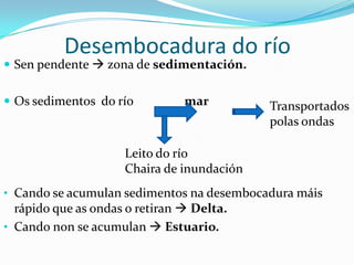 Desembocadura do río
 Sen pendente  zona de sedimentación.


 Os sedimentos do río          mar         Transportados
                                            polas ondas

                     Leito do río
                     Chaira de inundación
• Cando se acumulan sedimentos na desembocadura máis
  rápido que as ondas o retiran  Delta.
• Cando non se acumulan  Estuario.
 