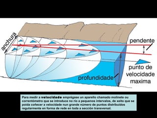 Para medir a velocidade emprégase un aparello chamado molinete ou
correntómetro que se introduce no río a pequenos intervalos, de xeito que se
poida coñecer a velocidade nun grande número de puntos distribuídos
regularmente en forma de rede en toda a sección transversal.

 