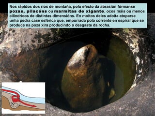 Nos rápidos dos ríos de montaña, polo efecto da abrasión fórmanse
pozas, pilacóns ou marmitas de xigante , ocos máis ou menos
cilíndricos de distintas dimensións. En moitos deles adoita atoparse
unha pedra case esférica que, empurrada pola corrente en espiral que se
produce na poza xira producindo o desgaste da rocha.

 