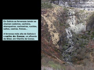 En Galicia as fervenzas tamén se
chaman cadoiros, cachóns,
abanqueiros, cachoeiras, ruxidas,
saltos, caeiras, freixas...
A fervenza máis alta de Galicia é
o salto do Cenza, un afluente
do Bibei, em Vilariño de Conso.

 