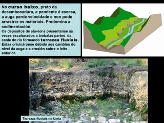 No curso baixo, preto da
desembocadura, a pendente é escasa,
a auga perde velocidade e non pode
arrastrar os materiais. Predomina a
sedimentación.
Os depósitos de aluvións preséntanse ás
veces escalonados a ámbalas partes da
canle do río formando terrazas fluviais.
Estas orixináronse debido aos cambios do
nivel da auga e a erosión sobre o leito
anterior.

Terrazas fluviais no Umia

 