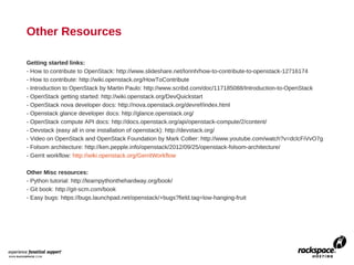 Other Resources

Getting started links:
- How to contribute to OpenStack: http://www.slideshare.net/lorinh/how-to-contribute-to-openstack-12716174
- How to contribute: http://wiki.openstack.org/HowToContribute
- Introduction to OpenStack by Martin Paulo: http://www.scribd.com/doc/117185088/Introduction-to-OpenStack
- OpenStack getting started: http://wiki.openstack.org/DevQuickstart
- OpenStack nova developer docs: http://nova.openstack.org/devref/index.html
- Openstack glance developer docs: http://glance.openstack.org/
- OpenStack compute API docs: http://docs.openstack.org/api/openstack-compute/2/content/
- Devstack (easy all in one installation of openstack): http://devstack.org/
- Video on OpenStack and OpenStack Foundation by Mark Collier: http://www.youtube.com/watch?v=dclcFiVvO7g
- Folsom architecture: http://ken.pepple.info/openstack/2012/09/25/openstack-folsom-architecture/
- Gerrit workflow: http://wiki.openstack.org/GerritWorkflow

Other Misc resources:
- Python tutorial: http://learnpythonthehardway.org/book/
- Git book: http://git-scm.com/book
- Easy bugs: https://bugs.launchpad.net/openstack/+bugs?field.tag=low-hanging-fruit
 