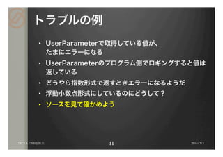 トラブルの例
•  UserParameterで取得している値が、
たまにエラーになる
•  UserParameterのプログラム側でロギングすると値は
返している
•  どうやら指数形式で返すときエラーになるようだ
•  浮動小数点形式にしているのにどうして？
•  ソースを見て確かめよう
DCXA OSS勉強会 2014/7/1
 