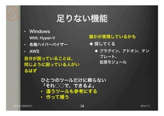 足りない機能
•  Windows
WMI, Hyper-V
•  各種ハイパーバイザー
•  AWS
自分が困っていることは、
同じように困っている人がい
るはず
誰かが実現しているかも
u 探してくる
u  プラグイン、アドオン、テン
プレート、
拡張モジュール
2014/7/1DCXA OSS勉強会
ひとつのツールだけに頼らない
「それ○○で、できるよ」
•  違うツールも参考にする
•  作って補う
 