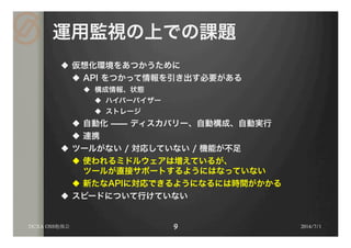 運用監視の上での課題
u  仮想化環境をあつかうために
u  API をつかって情報を引き出す必要がある
u  構成情報、状態
u  ハイパーパイザー
u  ストレージ
u  自動化 ̶̶ ディスカバリー、自動構成、自動実行
u  連携
u  ツールがない / 対応していない / 機能が不足
u  使われるミドルウェアは増えているが、
ツールが直接サポートするようにはなっていない
u  新たなAPIに対応できるようになるには時間がかかる
u  スピードについて行けていない
2014/7/1DCXA OSS勉強会
 