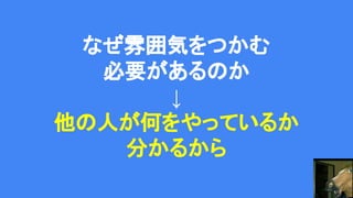 なぜ雰囲気をつかむ
必要があるのか
↓
他の人が何をやっているか
分かるから
 