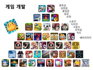 게임 개발 중독성
성취감
몰입감
실감
손맛
스토리
디자인
사운드
조작성
속도
배터리까지
 