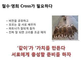 – 비전을 공유하고
– 모르는 걸 서로 배우자
– 파트너가 잘되게 돕자
– 진짜 잘 되면 고리를 조금 떼자
철수∙영희 Cross가 필요하다
http://cafe.naver.com/soularch.cafe?iframe_url=/ArticleRead.nhn%3Farticleid=
217&
 