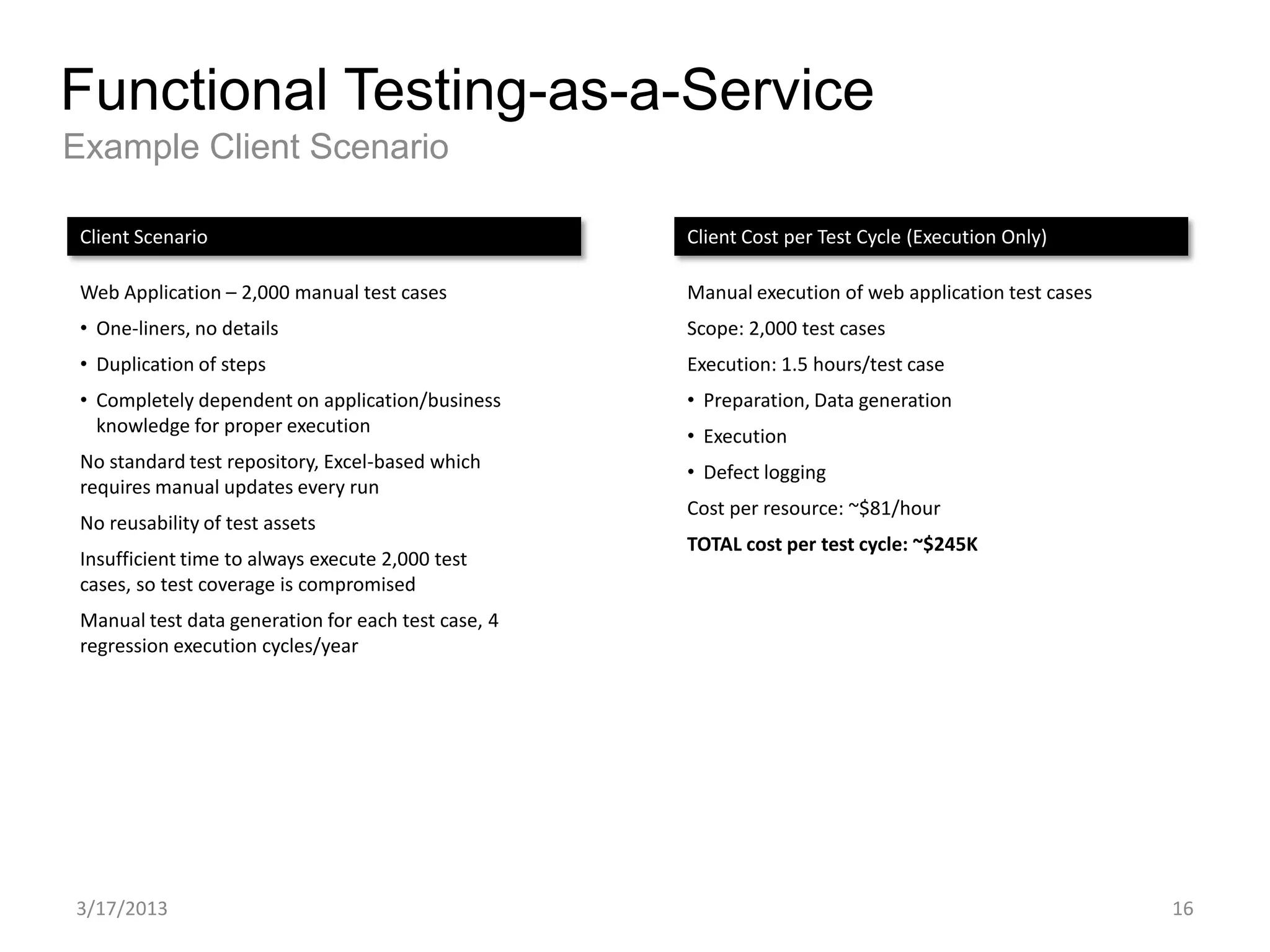 Functional Testing-as-a-Service
Example Client Scenario

 Client Scenario                                     Client Cost per Test Cycle (Execution Only)

 Web Application – 2,000 manual test cases           Manual execution of web application test cases
 • One-liners, no details                            Scope: 2,000 test cases
 • Duplication of steps                              Execution: 1.5 hours/test case
 • Completely dependent on application/business      • Preparation, Data generation
   knowledge for proper execution                    • Execution
 No standard test repository, Excel-based which      • Defect logging
 requires manual updates every run
                                                     Cost per resource: ~$81/hour
 No reusability of test assets
                                                     TOTAL cost per test cycle: ~$245K
 Insufficient time to always execute 2,000 test
 cases, so test coverage is compromised
 Manual test data generation for each test case, 4
 regression execution cycles/year




3/17/2013                                                                                             16
 