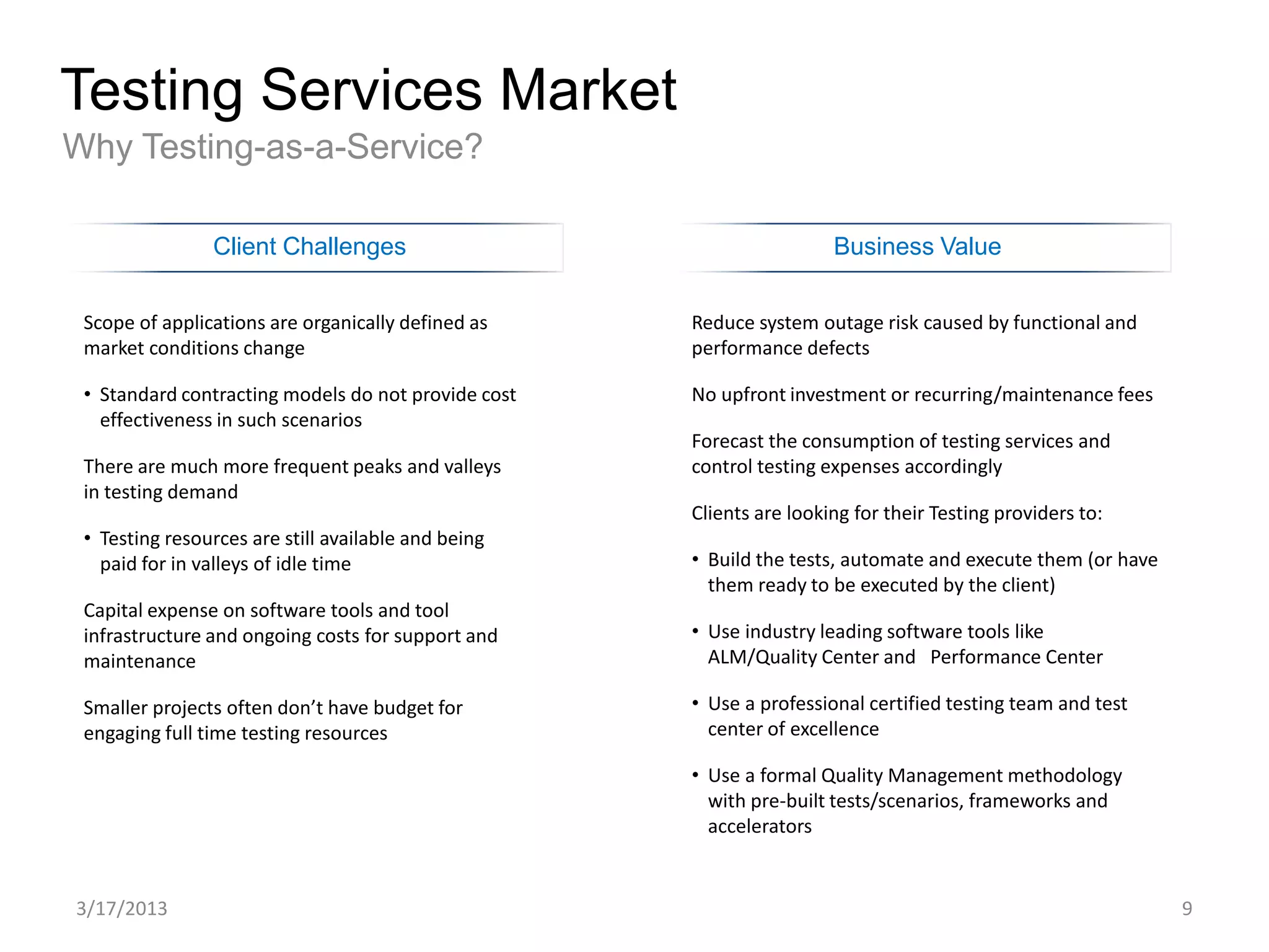 Testing Services Market
Why Testing-as-a-Service?

                Client Challenges                                     Business Value


 Scope of applications are organically defined as    Reduce system outage risk caused by functional and
 market conditions change                            performance defects

 • Standard contracting models do not provide cost   No upfront investment or recurring/maintenance fees
   effectiveness in such scenarios
                                                     Forecast the consumption of testing services and
 There are much more frequent peaks and valleys      control testing expenses accordingly
 in testing demand
                                                     Clients are looking for their Testing providers to:
 • Testing resources are still available and being
   paid for in valleys of idle time                  • Build the tests, automate and execute them (or have
                                                       them ready to be executed by the client)
 Capital expense on software tools and tool
 infrastructure and ongoing costs for support and    • Use industry leading software tools like
 maintenance                                           ALM/Quality Center and Performance Center

 Smaller projects often don’t have budget for        • Use a professional certified testing team and test
 engaging full time testing resources                  center of excellence

                                                     • Use a formal Quality Management methodology
                                                       with pre-built tests/scenarios, frameworks and
                                                       accelerators


3/17/2013                                                                                                    9
 