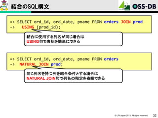 結合のSQL構文
=> SELECT ord_id, ord_date, pname FROM orders JOIN prod
->
USING (prod_id);
結合に使用する列名が同じ場合は
USING句で表記を簡単にできる

=> SELECT ord_id, ord_date, pname FROM orders
-> NATURAL JOIN prod;
同じ列名を持つ列を結合条件とする場合は
NATURAL JOIN句で列名の指定を省略できる

© LPI-Japan 2013. All rights reserved.

32

 