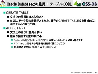 Oracle Databaseとの差異 - テーブルのDDL
 CREATE TABLE
 文法上の差異はほとんどない
 ただし、データ型の差異があるため、既存のCREATE TABLE文を機械的に
流用することはできない

 ALTER TABLE
 文法上の細かい差異が多い
 差異が発生する主なポイント
 ADD/DROP/ALTER/RENAME の後に COLUMN と書くかどうか
 ADD などで指定する列定義を括弧で囲うかどうか
 列属性の変更は ALTER か MODIFY か

© LPI-Japan 2013. All rights reserved.

48

 