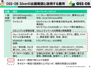 OSS-DB Silverの出題範囲と説明する箇所
分類

項目

一般 OSS-DB(PostgreSQL)
知識 の一般的特徴
(20%) ライセンス

キーワード / トピック
バークレー校POSTGRESプロジェクト、標準SQLとの
対応、8.0よりWindows対応
BSDライセンス（著作権表示配布必須、商用利用可、
無保証）
GPLライセンスとの比較（ソースコード開示義務なし）

コミュニティと情報収集 コミュニティベースの開発と情報展開
リレーショナルデータ
モデルの基本概念

テーブル、行、列、リレーション、タプル、属性、ドメイ
ン、関係演算（選択、射影、結合）

RDBMSの一般知識、
役割

トランザクション、ACID特性

SQL一般知識、SQL分
類（DDL、DML、DCL)

DDL(CREATE TABLEなど）、DML(SELECT、UPDATE、
INSERT、DELETE）、DCL(BEGIN, COMMITなど）

データベース設計、正
規化

正規化の目的、第一正規形、第二正規形、第三正
規形、関数従属、候補キー、主キー、非候補キー

本セミナー解説で取り上げる箇所

本セミナー解説で直接取り上げないが、理解の前提となる箇所
© LPI-Japan 2013. All rights reserved.

6

 