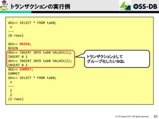 トランザクションの実行例
db1=> SELECT * FROM tab0;
n
--(0 rows)
db1=> BEGIN;
BEGIN
db1=> INSERT INTO tab0 VALUES(1);
INSERT 0 1
db1=> INSERT INTO tab0 VALUES(2);
INSERT 0 1
db1=> COMMIT;
COMMIT
db1=> SELECT * FROM tab0;
n
--1
2
(2 rows)

トランザクションとして
グループ化したいSQL

© LPI-Japan 2013. All rights reserved.

63

 