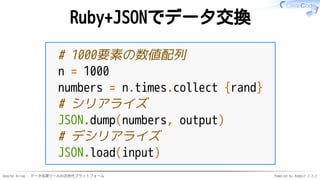 Apache Arrow - データ処理ツールの次世代プラットフォーム Powered by Rabbit 2.2.2
Ruby+JSONでデータ交換
# 1000要素の数値配列
n = 1000
numbers = n.times.collect {rand}
# シリアライズ
JSON.dump(numbers, output)
# デシリアライズ
JSON.load(input)
 