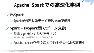 Apache Arrow - データ処理ツールの次世代プラットフォーム Powered by Rabbit 2.2.2
Apache Sparkでの高速化事例
PySpark
Sparkが分割したデータをPythonで処理✓
✓
Spark⇔PySpark間でデータ交換
従来：pickleでシリアライズ
pickle：Python標準のシリアライズ方法
✓
Apache Arrowを使うことで数十倍レベルの高速化✓
✓
 